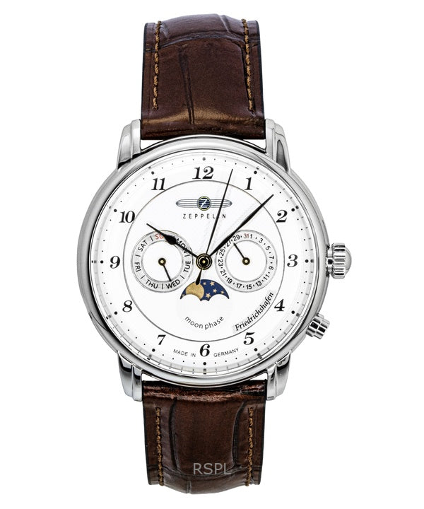 Montre homme Zeppelin Friedrichshafen 85361 à quartz, bracelet en cuir marron, cadran blanc