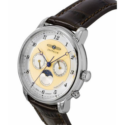Montre homme Zeppelin Friedrichshafen 85365, bracelet en cuir marron, cadran doré, quartz