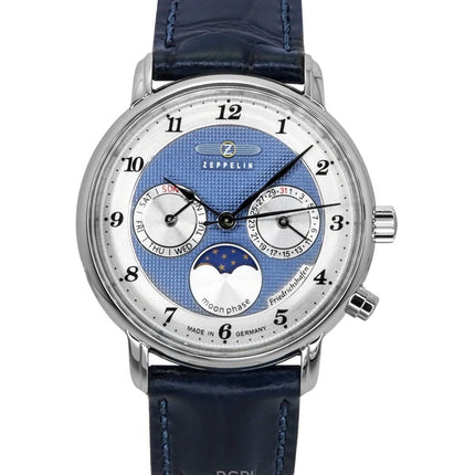 Montre pour femme Zeppelin Friedrichshafen Moon Phase avec bracelet en cuir et cadran bleu à quartz 85373