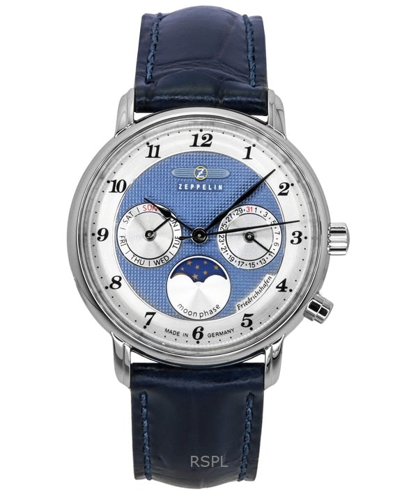 Montre pour femme Zeppelin Friedrichshafen Moon Phase avec bracelet en cuir et cadran bleu à quartz 85373