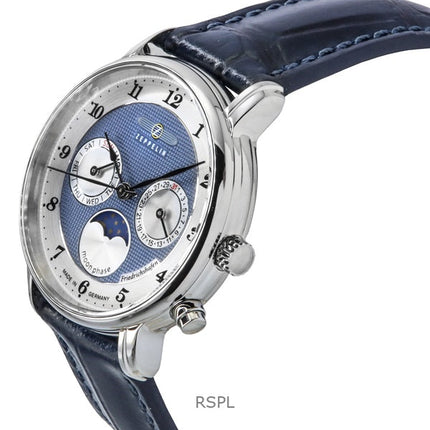 Montre pour femme Zeppelin Friedrichshafen Moon Phase avec bracelet en cuir et cadran bleu à quartz 85373
