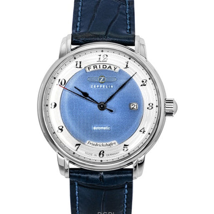 Montre automatique pour homme Zeppelin Friedrichshafen 85623, bracelet en cuir bleu, cadran bleu