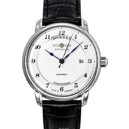 Montre automatique pour homme Zeppelin Friedrichshafen 85624, bracelet en cuir noir, cadran argenté
