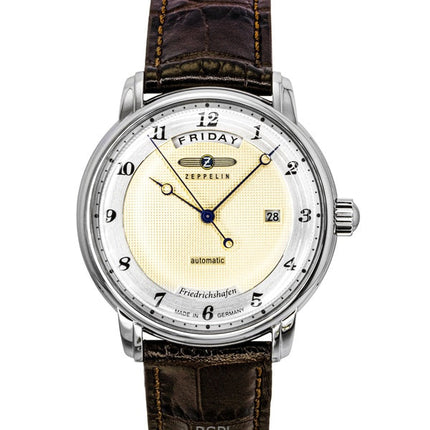 Montre automatique pour homme Zeppelin Friedrichshafen 85625, bracelet en cuir marron, cadran doré