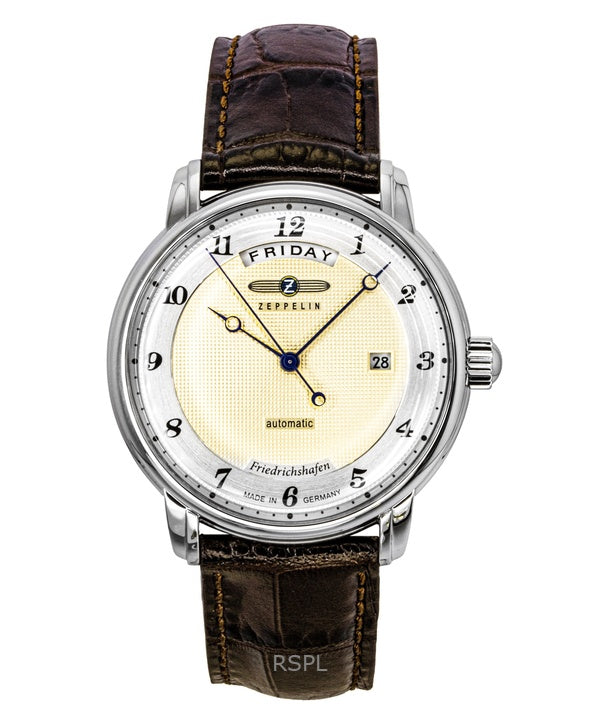 Montre automatique pour homme Zeppelin Friedrichshafen 85625, bracelet en cuir marron, cadran doré