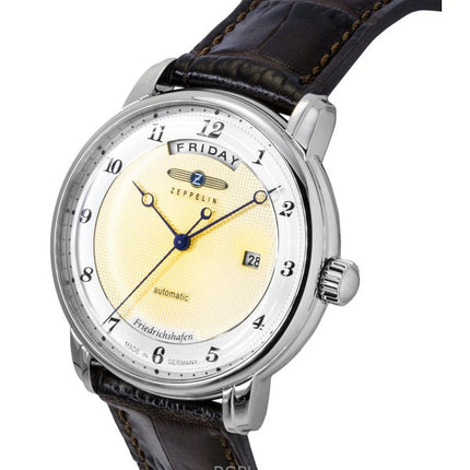 Montre automatique pour homme Zeppelin Friedrichshafen 85625, bracelet en cuir marron, cadran doré