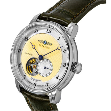 Montre automatique pour homme Zeppelin Friedrichshafe 85665, bracelet en cuir marron, cadran doré et cœur ouvert