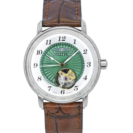 Montre automatique pour femme Zeppelin Friedrichshafen, bracelet en cuir, cœur ouvert, cadran vert, modèle 85672