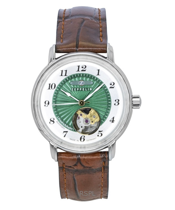 Montre automatique pour femme Zeppelin Friedrichshafen, bracelet en cuir, cœur ouvert, cadran vert, modèle 85672