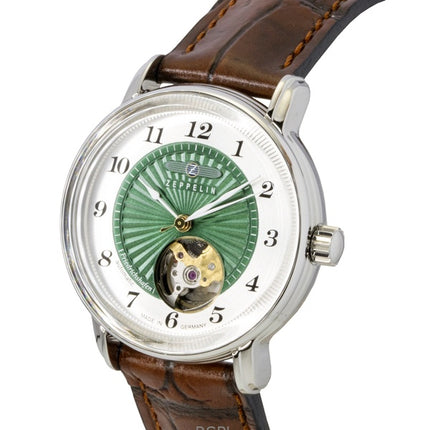 Montre automatique pour femme Zeppelin Friedrichshafen, bracelet en cuir, cœur ouvert, cadran vert, modèle 85672