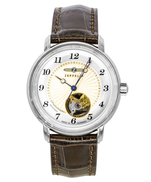 Montre femme Zeppelin Friedrichshafen, bracelet cuir, cadran or, automatique, référence 85675