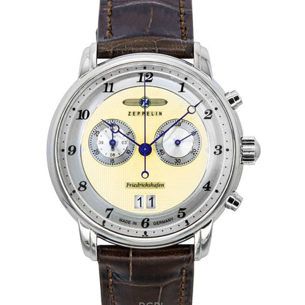 Montre chronographe Zeppelin Friedrichshafen pour homme avec bracelet en cuir et cadran doré à quartz 85845