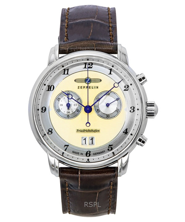 Montre chronographe Zeppelin Friedrichshafen pour homme avec bracelet en cuir et cadran doré à quartz 85845