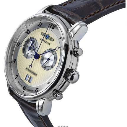 Montre chronographe Zeppelin Friedrichshafen pour homme avec bracelet en cuir et cadran doré à quartz 85845