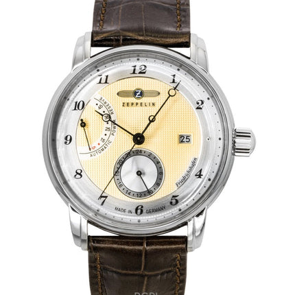 Montre automatique pour homme Zeppelin Friedrichshafen 85905, bracelet en cuir marron, cadran doré