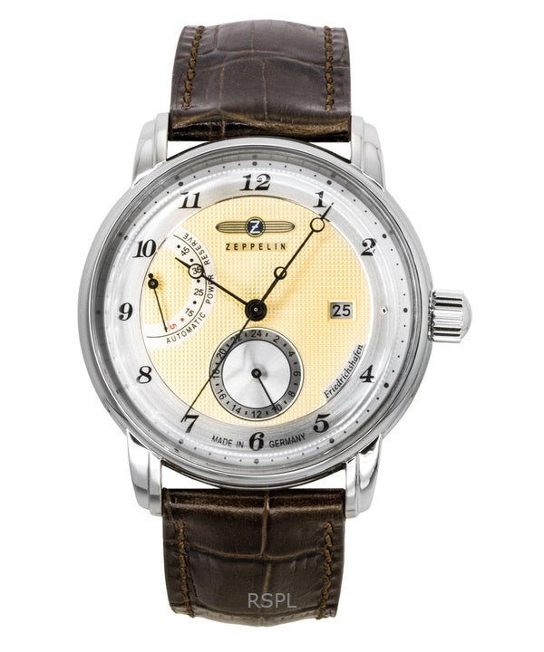 Montre automatique pour homme Zeppelin Friedrichshafen 85905, bracelet en cuir marron, cadran doré