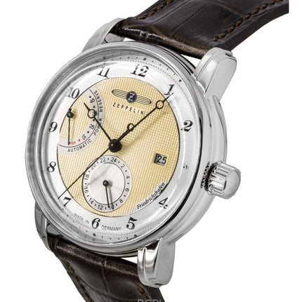 Montre automatique pour homme Zeppelin Friedrichshafen 85905, bracelet en cuir marron, cadran doré