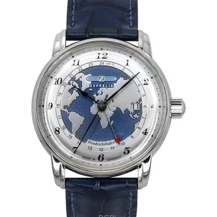 Montre automatique pour homme Zeppelin Friedrichshafen GMT avec bracelet en cuir et cadran bleu 85963