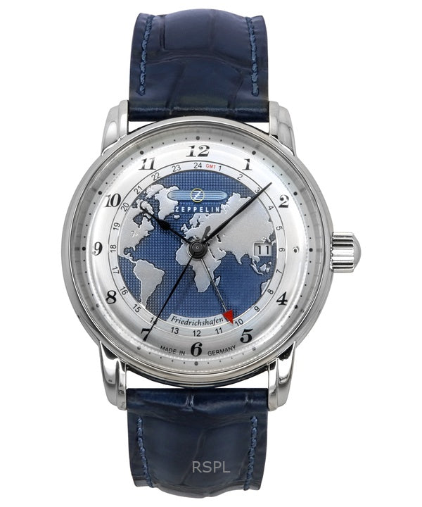 Montre automatique pour homme Zeppelin Friedrichshafen GMT avec bracelet en cuir et cadran bleu 85963