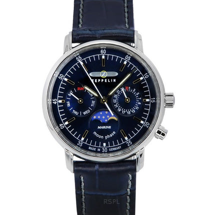 Montre pour femme Zeppelin LZ14 Marine Moonphase avec bracelet en cuir et cadran bleu à quartz 86353