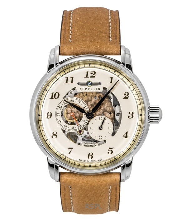 Zeppelin Captain's Line Leather Strap Beige Skeleton Dial Automatic 86585 Men's Watch