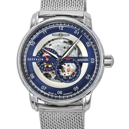 Montre Zeppelin New Captain',s Line en acier inoxydable avec cadran squelette bleu automatique 8664M3 pour homme