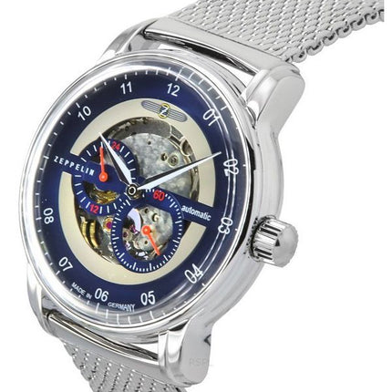 Montre Zeppelin New Captain',s Line en acier inoxydable avec cadran squelette bleu automatique 8664M3 pour homme