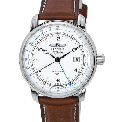 Montre pour homme Zeppelin 100 Jahre GMT bracelet en cuir cadran argenté automatique 86661