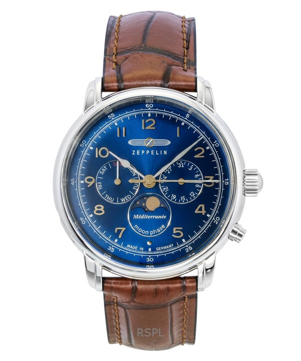 Zeppelin 100 Jahre Mediterranee Moonphase Leather Strap Blue DIal Quartz 96363 Men's Watch