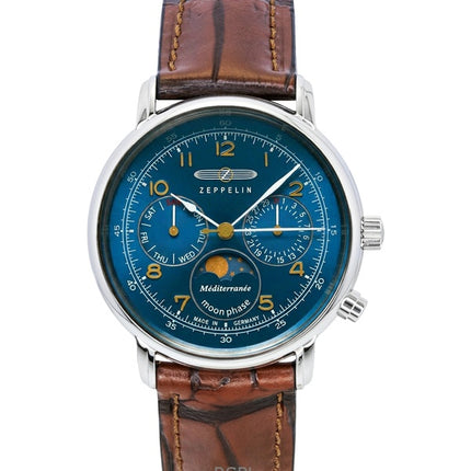 Zeppelin 100 Jahre Mediterranee Moonphase Leather Strap Blue DIal Quartz 96373 Men's Watch