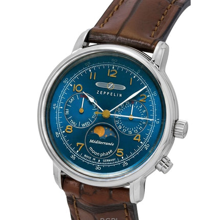 Zeppelin 100 Jahre Mediterranee Moonphase Leather Strap Blue DIal Quartz 96373 Men's Watch