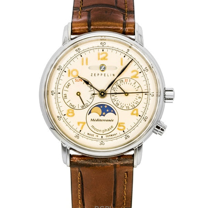 Montre homme Zeppelin Mediterranee Moonphase, bracelet cuir, cadran champagne, quartz 96375