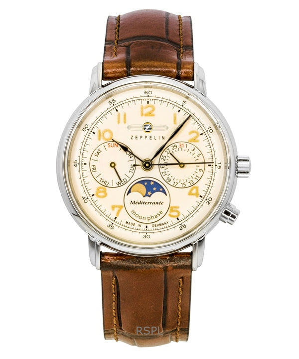 Montre homme Zeppelin Mediterranee Moonphase, bracelet cuir, cadran champagne, quartz 96375