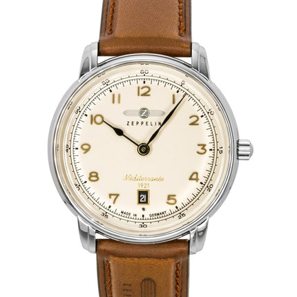 Montre homme Zeppelin Méditerranée, bracelet en cuir, cadran beige, mouvement à quartz 96405