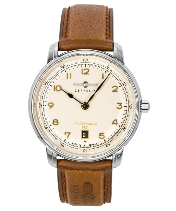 Montre homme Zeppelin Méditerranée, bracelet en cuir, cadran beige, mouvement à quartz 96405
