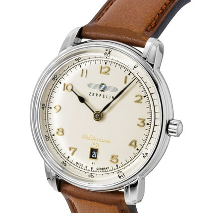 Montre homme Zeppelin Méditerranée, bracelet en cuir, cadran beige, mouvement à quartz 96405
