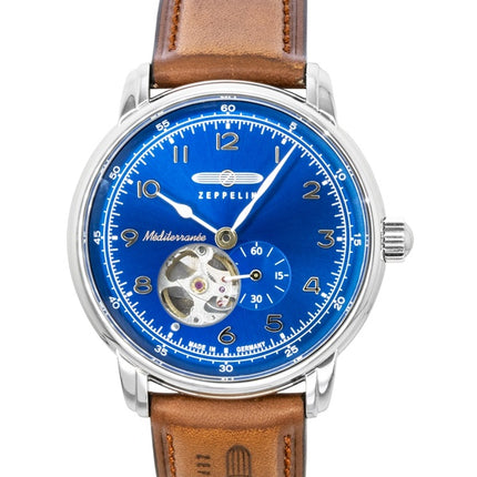 Montre homme Zeppelin Méditerranée à bracelet en cuir, cadran bleu, automatique, référence 96663