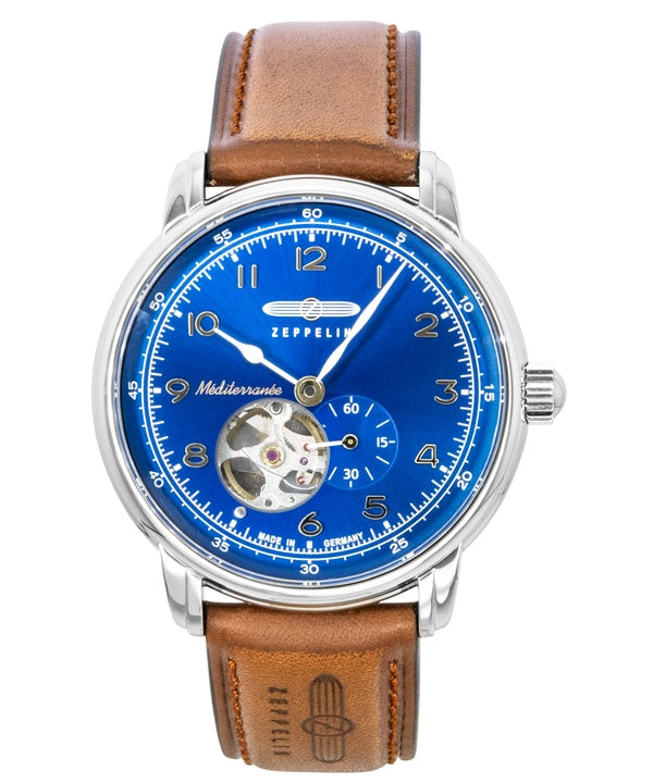 Montre homme Zeppelin Méditerranée à bracelet en cuir, cadran bleu, automatique, référence 96663