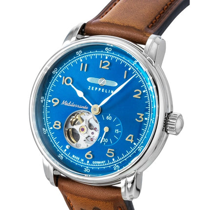 Montre homme Zeppelin Méditerranée à bracelet en cuir, cadran bleu, automatique, référence 96663