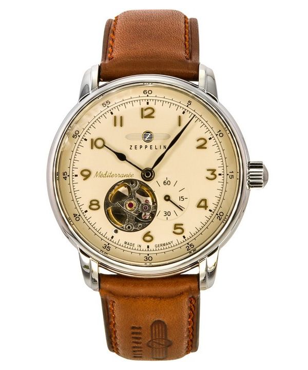 Montre Zeppelin Mediterranee pour homme, bracelet en cuir, cœur ouvert, cadran beige, automatique 96665
