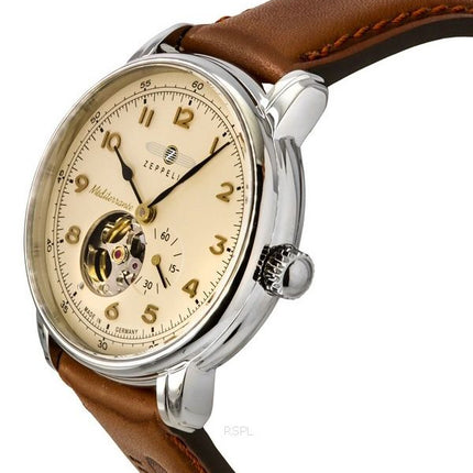 Montre Zeppelin Mediterranee pour homme, bracelet en cuir, cœur ouvert, cadran beige, automatique 96665