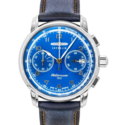 Montre homme Zeppelin Mediterranee Chronographe Bracelet Cuir Cadran Bleu Quartz 96703