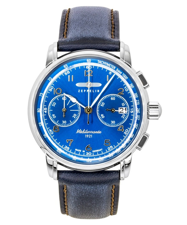 Montre homme Zeppelin Mediterranee Chronographe Bracelet Cuir Cadran Bleu Quartz 96703
