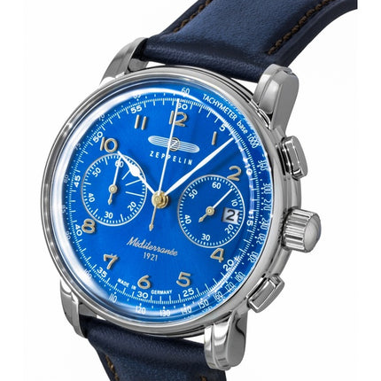 Montre homme Zeppelin Mediterranee Chronographe Bracelet Cuir Cadran Bleu Quartz 96703