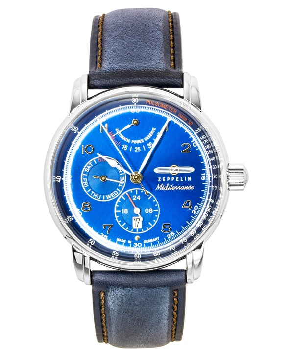 Montre homme Zeppelin Méditerranée, bracelet cuir, cadran bleu, automatique 96903