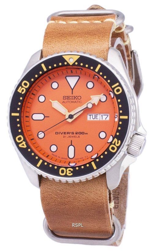 200M Japon Seiko automatique SKX011J1-LS18 Diver fait en cuir marron bracelet montre homme