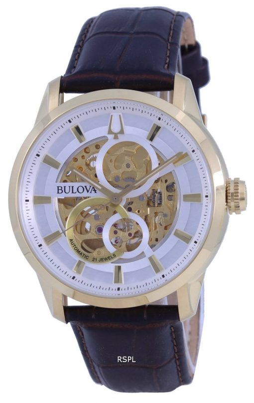 Montre pour homme Bulova Classic Sutton Skeleton cadran blanc bracelet en cuir automatique 97A138