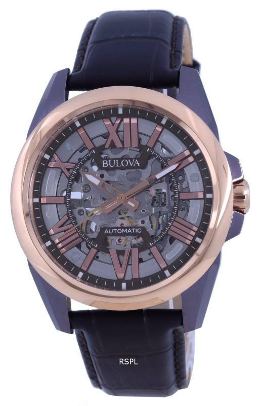 Montre pour homme Bulova Classic Skeleton Silver Dial Bracelet en cuir automatique 98A165 100M