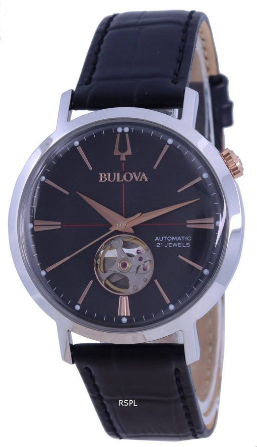 Montre pour homme Bulova Classic Open Heart cadran gris bracelet en cuir automatique 98A187