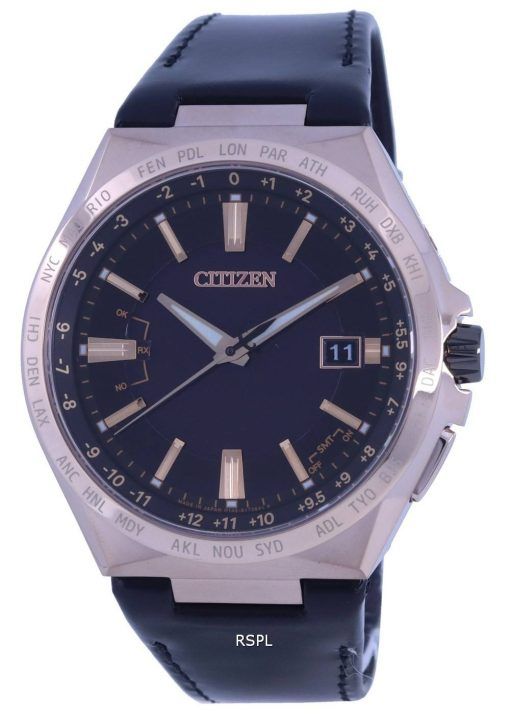 Montre pour homme Citizen Attesa World Time avec cadran noir et bracelet en cuir Eco-Drive CB0217-04E 100M